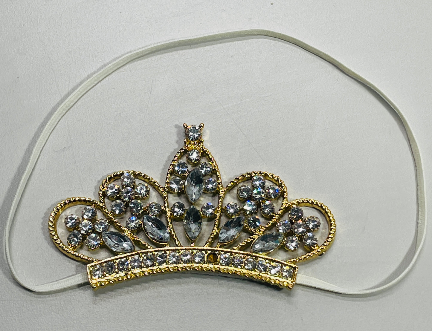 Indian Bollywood Jewelry Hair Band Gold Tone Crown 3" with clear crystals Elastic Band