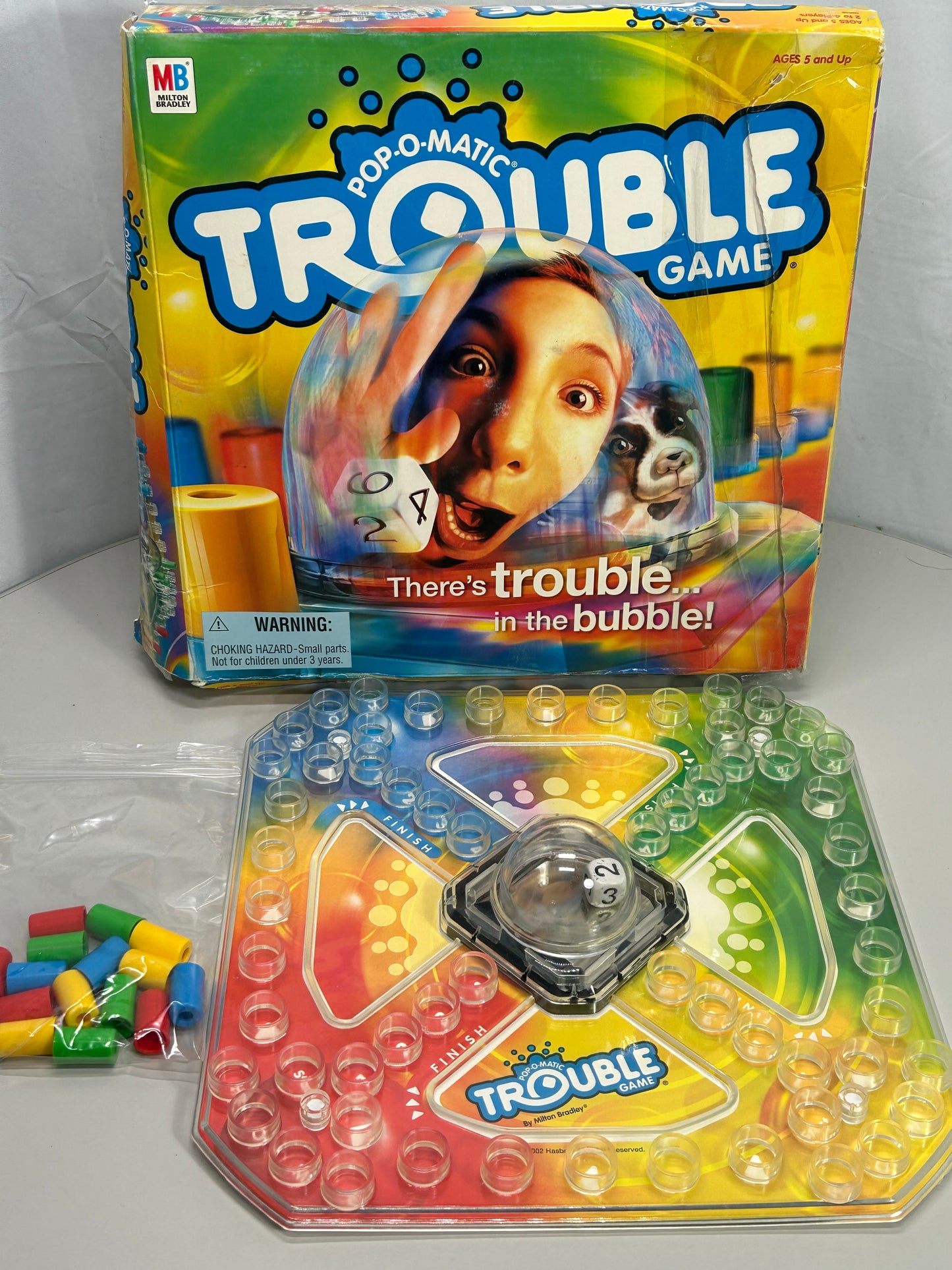 2002 Pop O Matic Trouble Board Game Complete Milton Bradley DAMAGED BOX