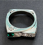 Sterling Silver 925 RING Square with Green and Clear Crystal Stones SIZE 7