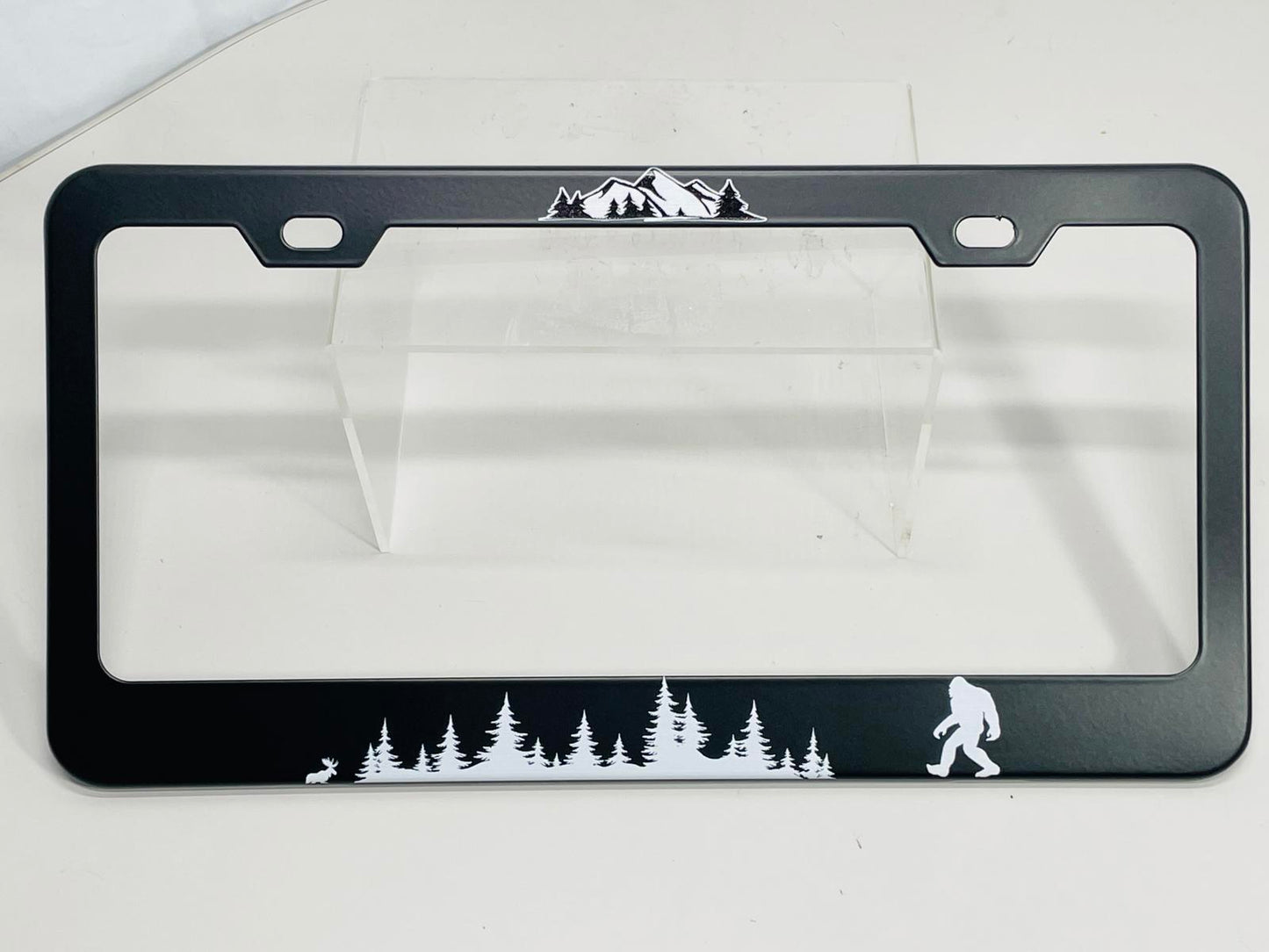 NEW License Plate Frame BIGFOOT with Mountain Scene Black Plastic