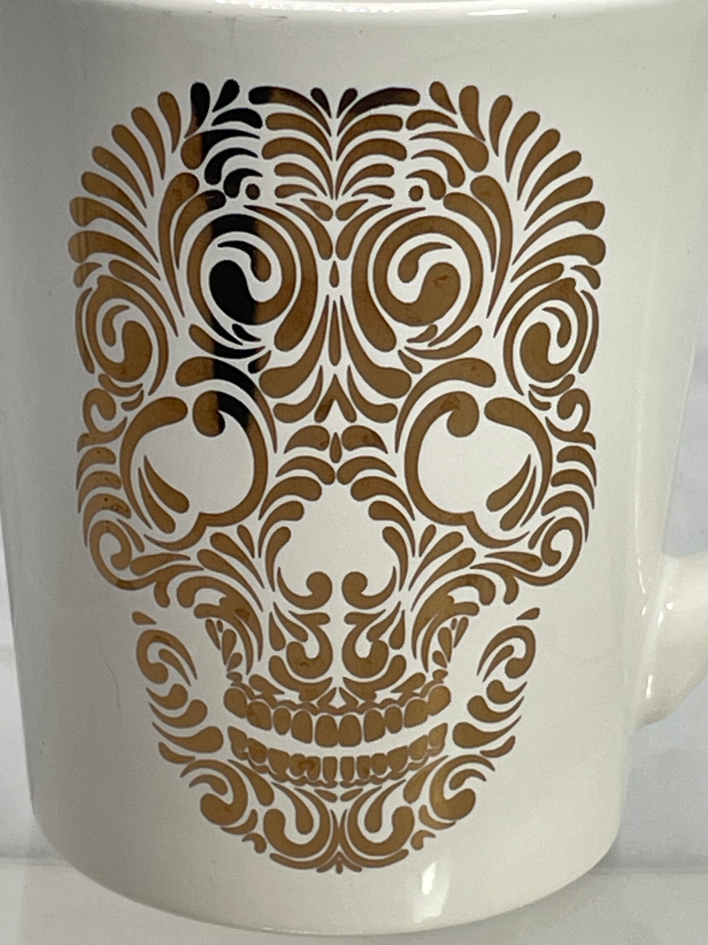 Halloween Mug Signature White Ceramic with Gold Sugar Skull Face 14oz