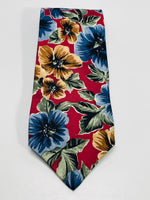 Vintage Oscar de la Renta Neckwear Necktie Hawaiian Floral Blue & Maroon Hibiscus