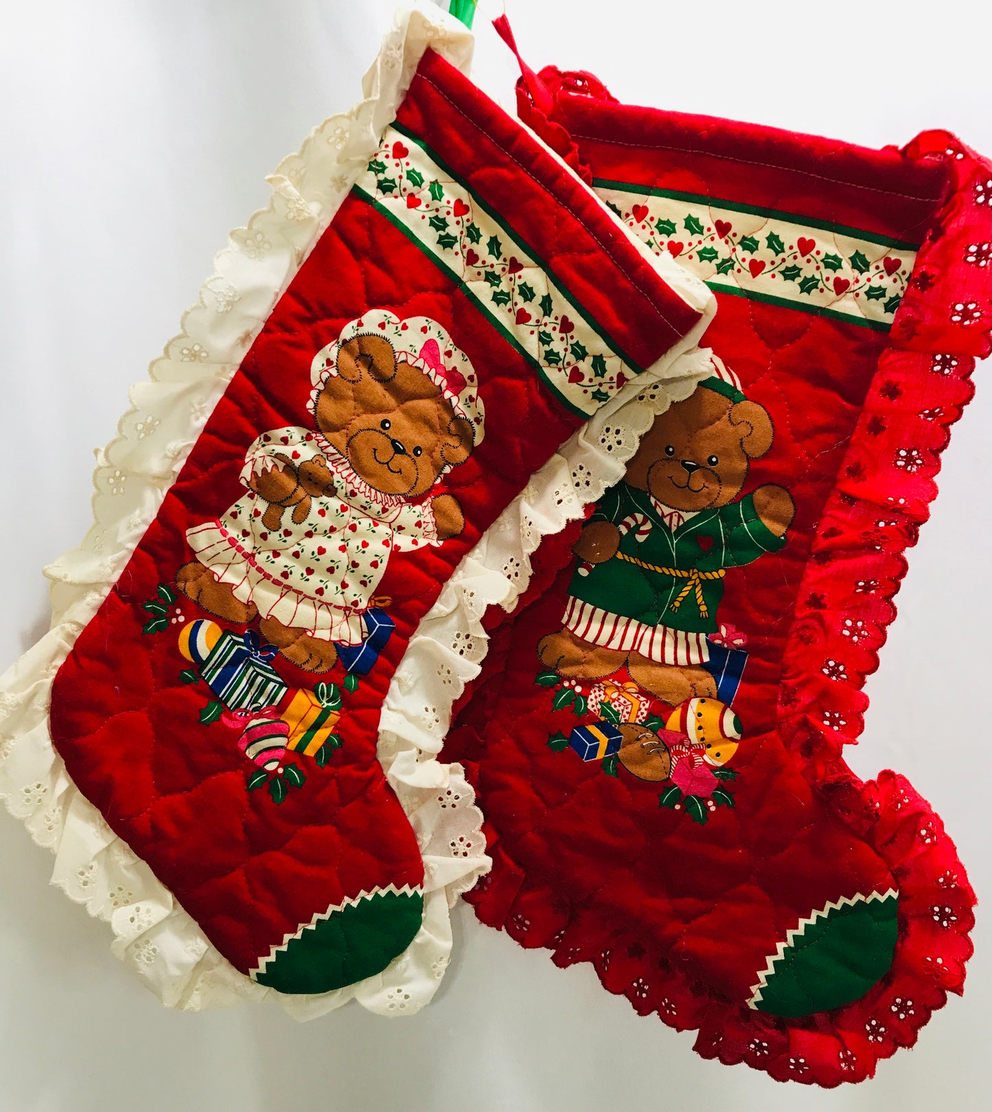 Vintage Handmade Christmas Stocking SET Red Quilted With Mr & Mrs Teddy Bears Lace Trim