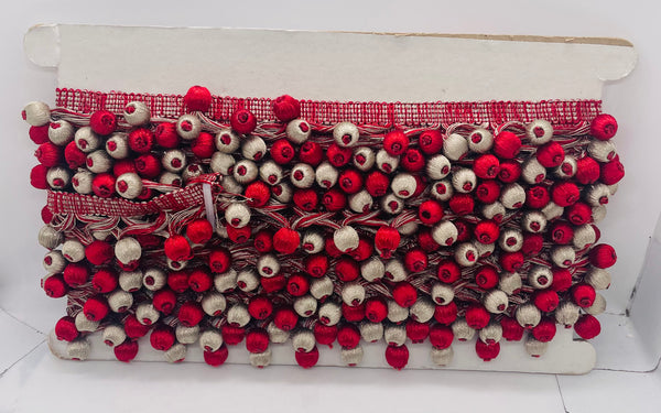 Silver & Red Ball Fringe Cording Yardage Unknown