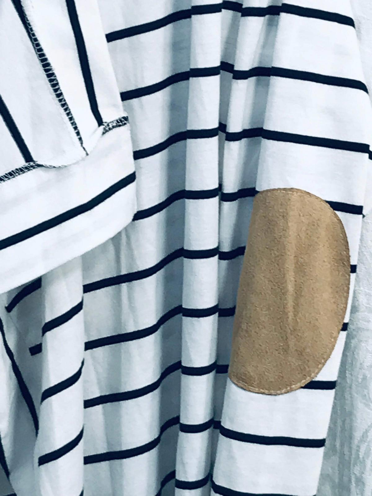 White & Black Striped Cardigan Sweater w/ Khaki Elbow Patches Ladies S