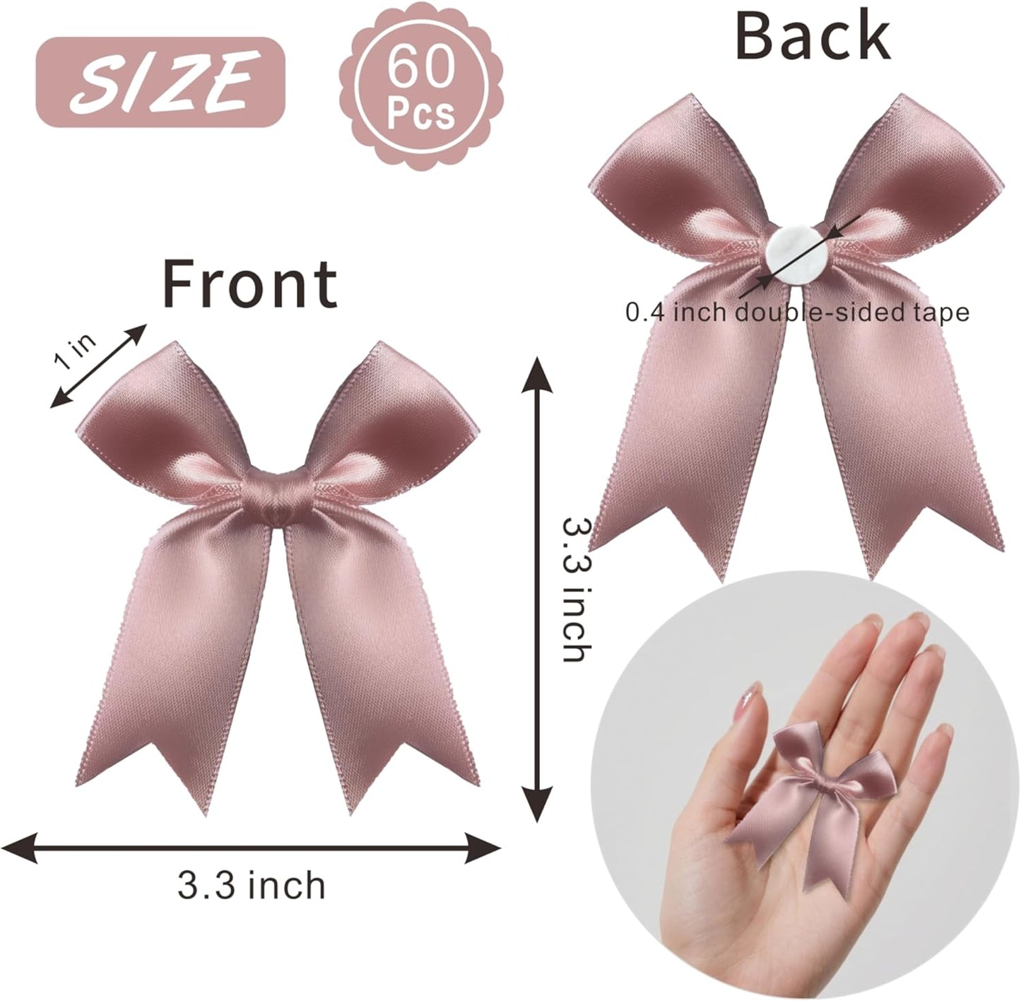 NEW! Gift Wrap Bows 3.3", 60pcs Rose Gold Premium Satin Ribbon Bow
