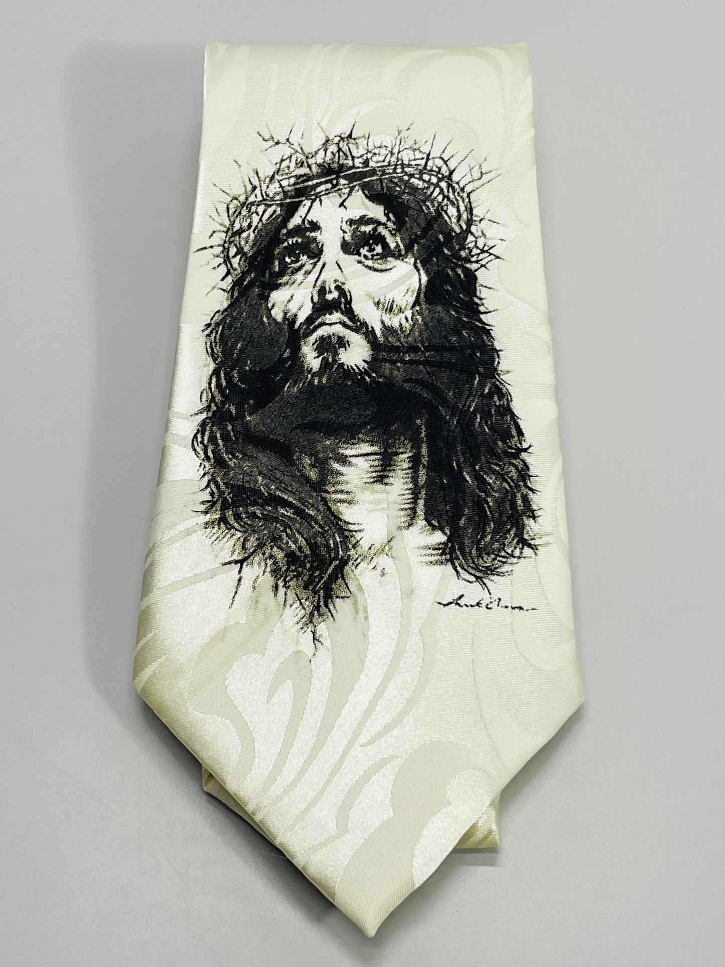 VINTAGE Gospitality Christian Neckwear Necktie White with Sketch Image of Jesus