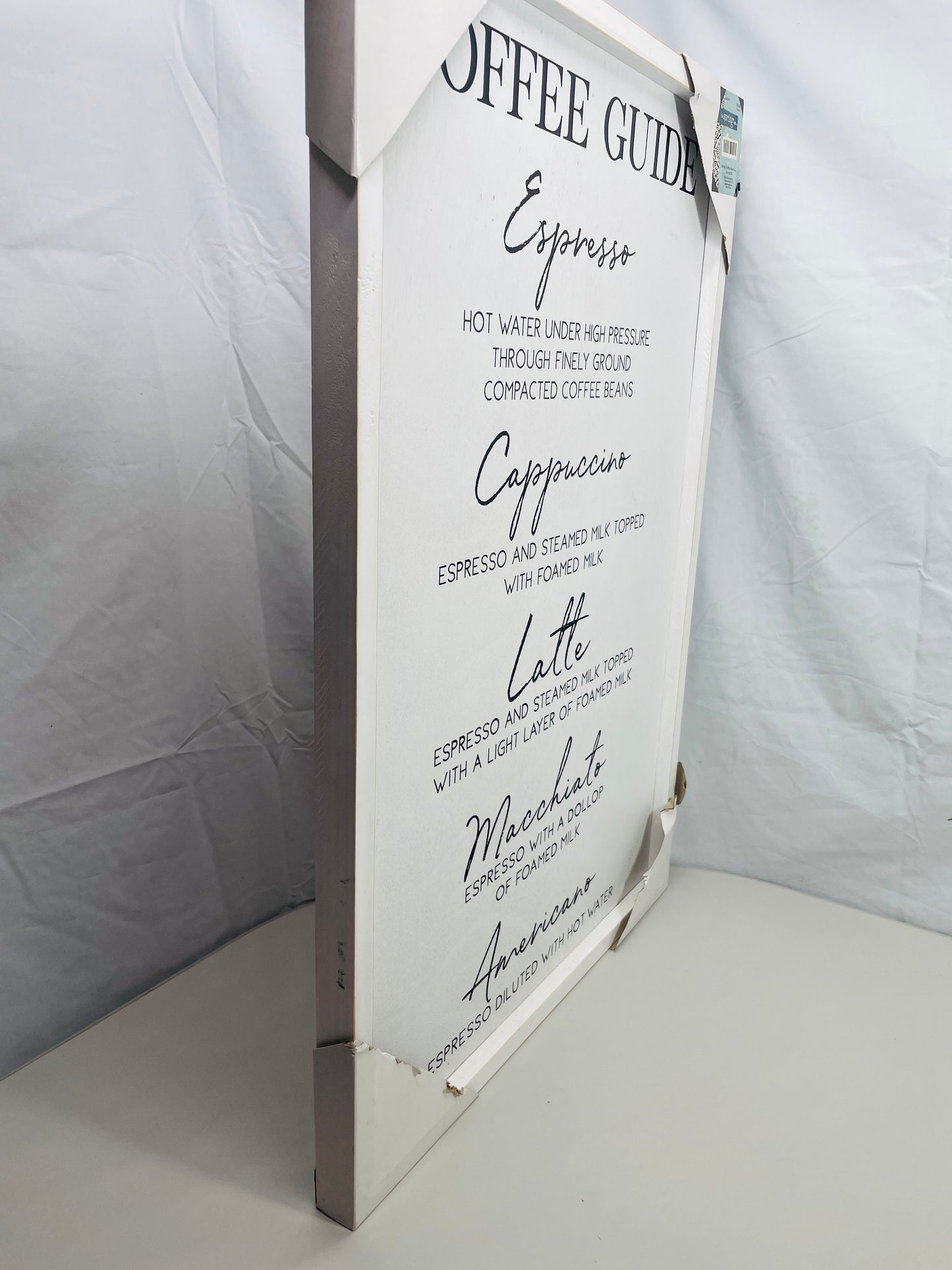 NEW! Wall Art Wooden COFFEE GUIDE Espresso Cappuccino White Wash Wood 16" x 24"