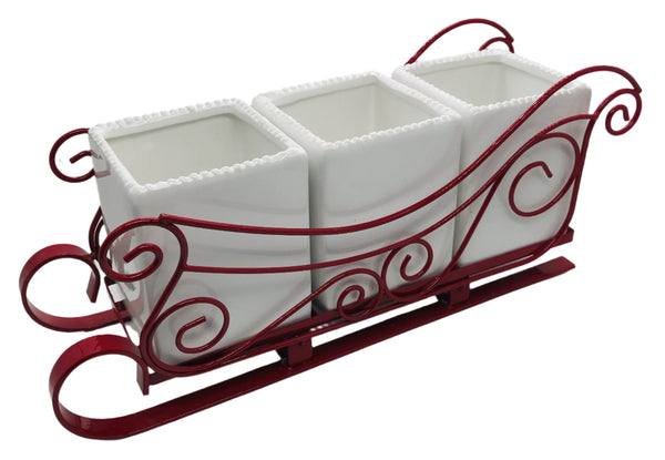 Godinger Red Metal Sleigh w/ 3 Ceramic Flatware Organizers 15" x 5" x 6"