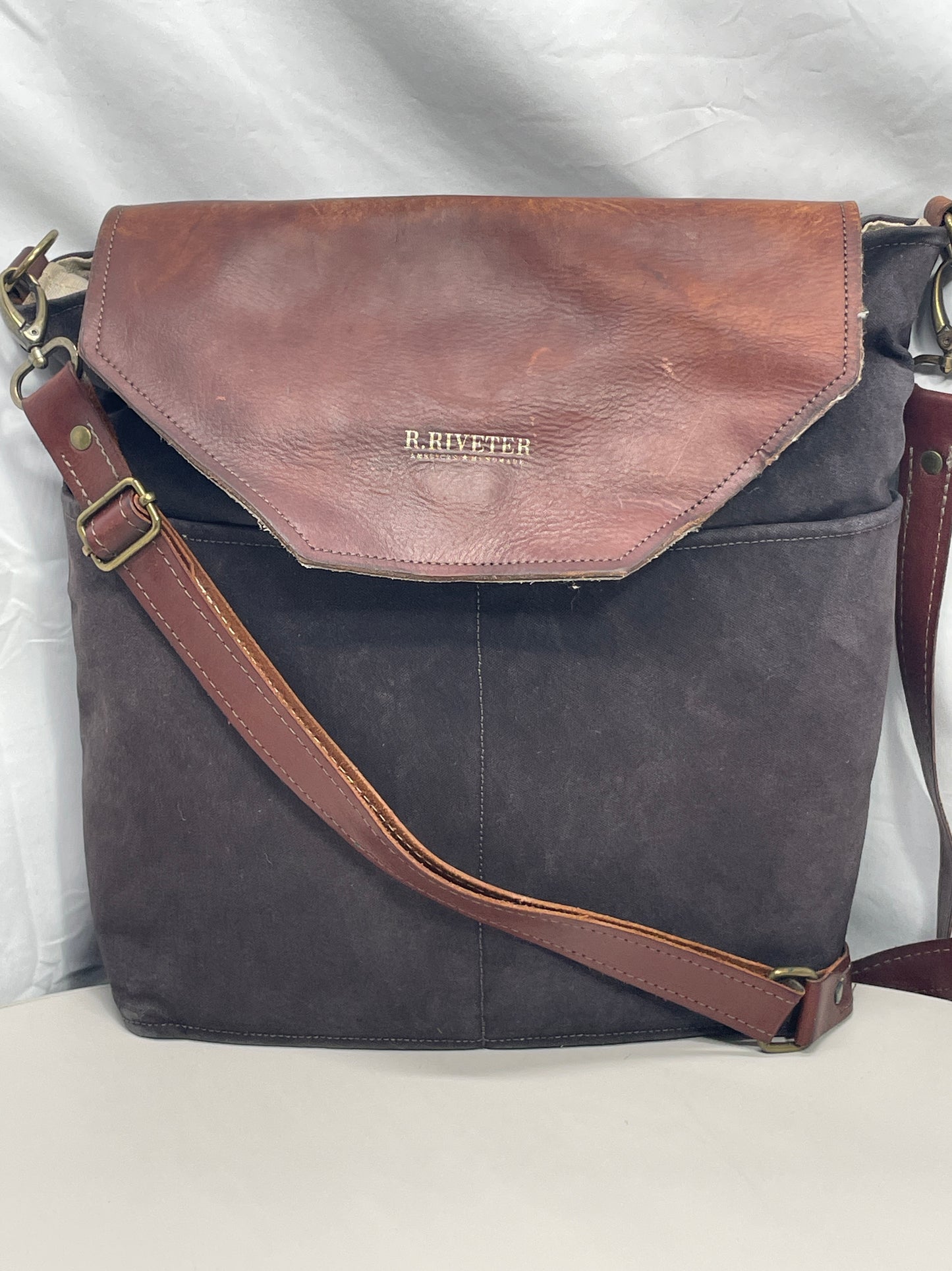 R.Riveter Original Canvas Handbag Purse Black with Leather Flap Distressed Extreme Wear Messenger Bag