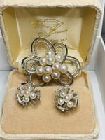 Vintage Sterling Silver 3 PC Cluster White Pearl Set: Brooch/Pendant, Earrings