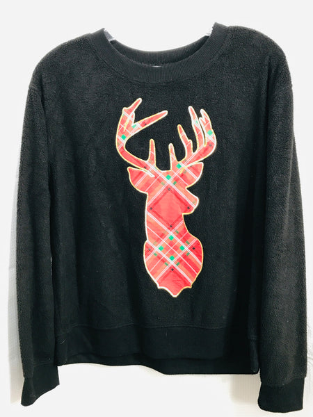 Christmas Shirt Black Longsleeve Soft Plush w/Red Checker Reindeer Juniors 11/13 L