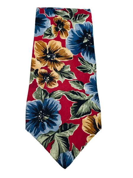 Vintage Oscar de la Renta Neckwear Necktie Hawaiian Floral Blue & Maroon Hibiscus