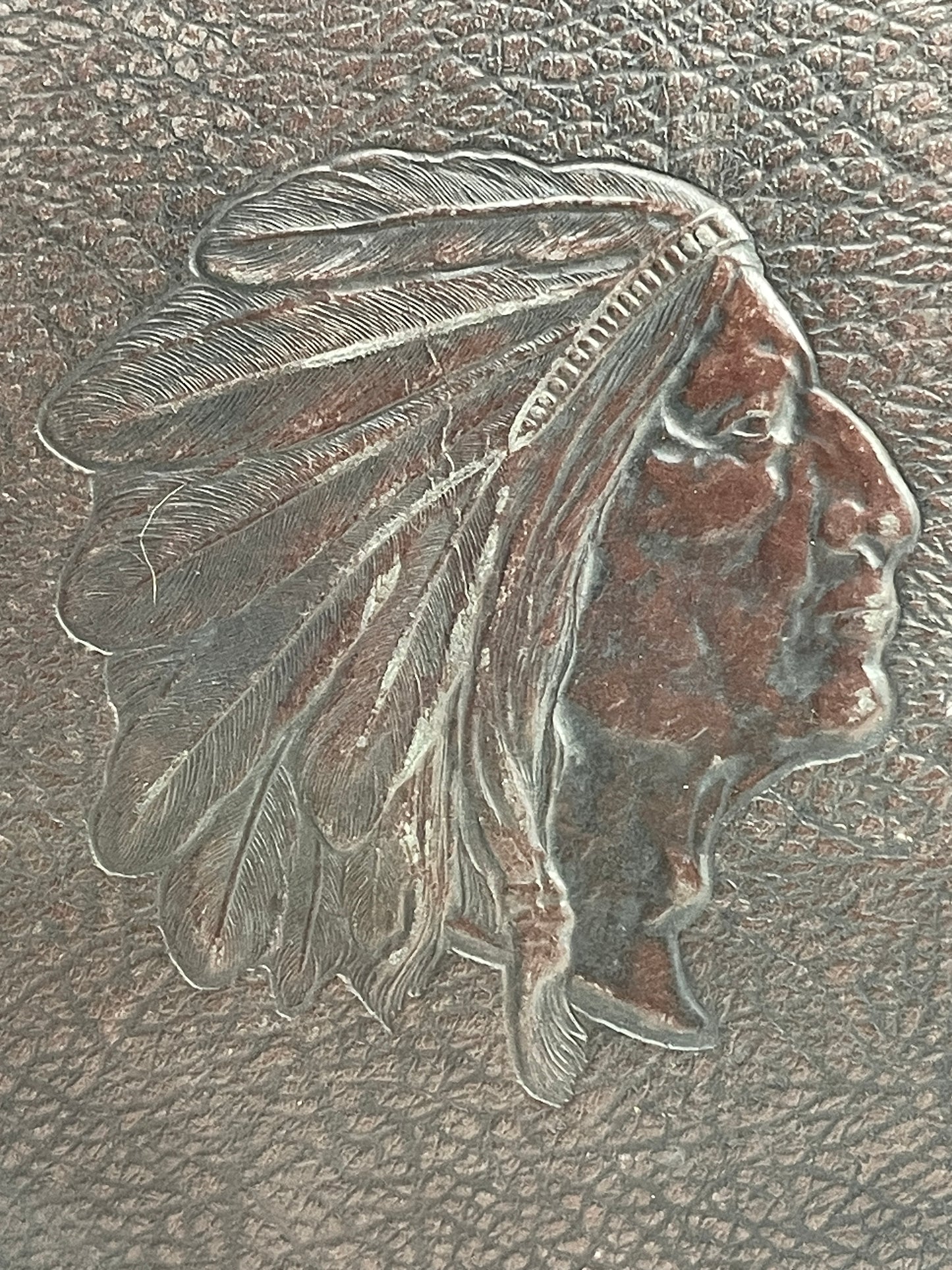 VINTAGE Scrapbook 1950's Hard Leather Bound with Textured Indian Chief Head Embellishment 12x14