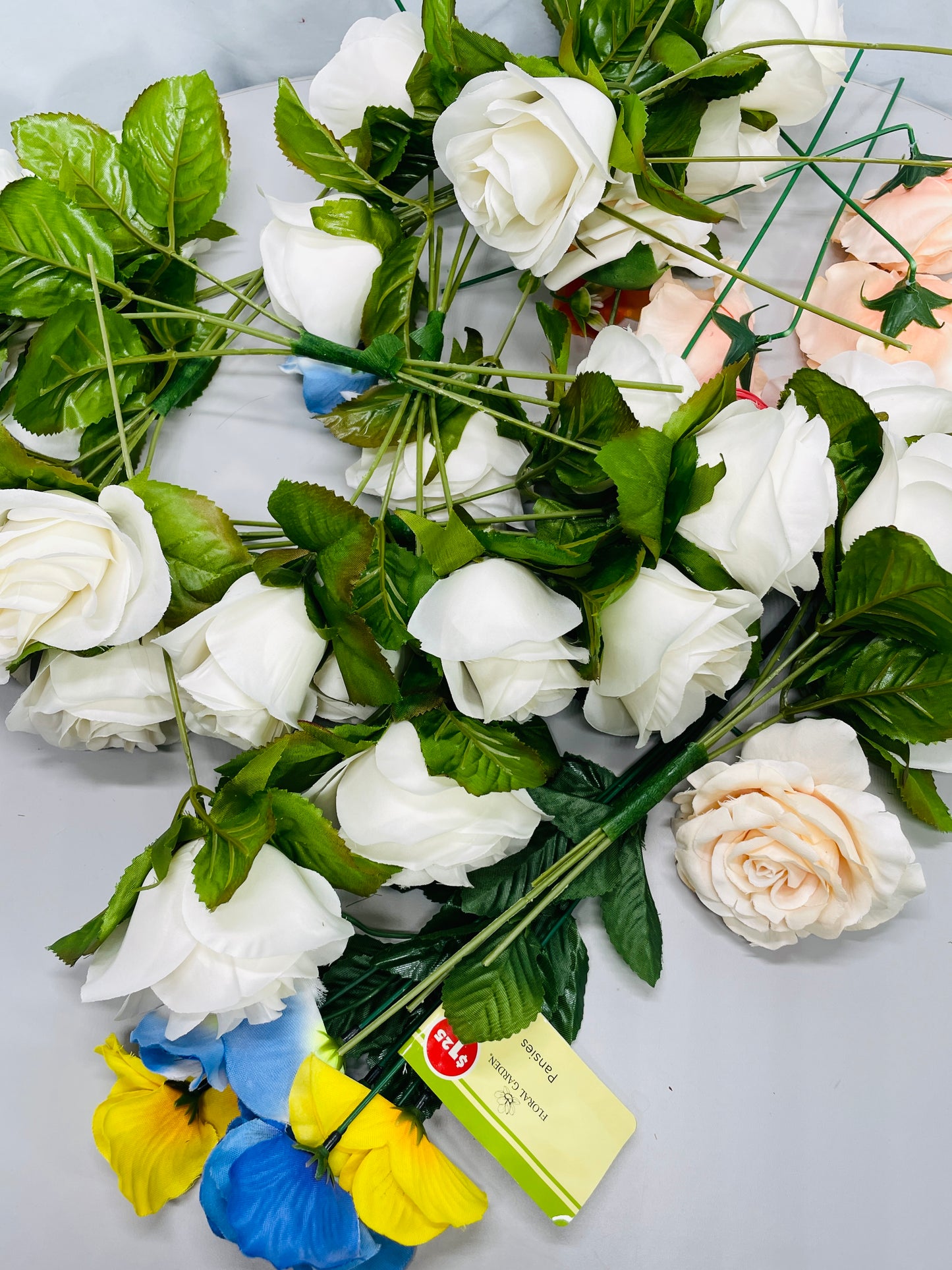 BOX LOT of 85 Faux Artificial long Stem Flowers Pink & White Roses + Blue Irisis