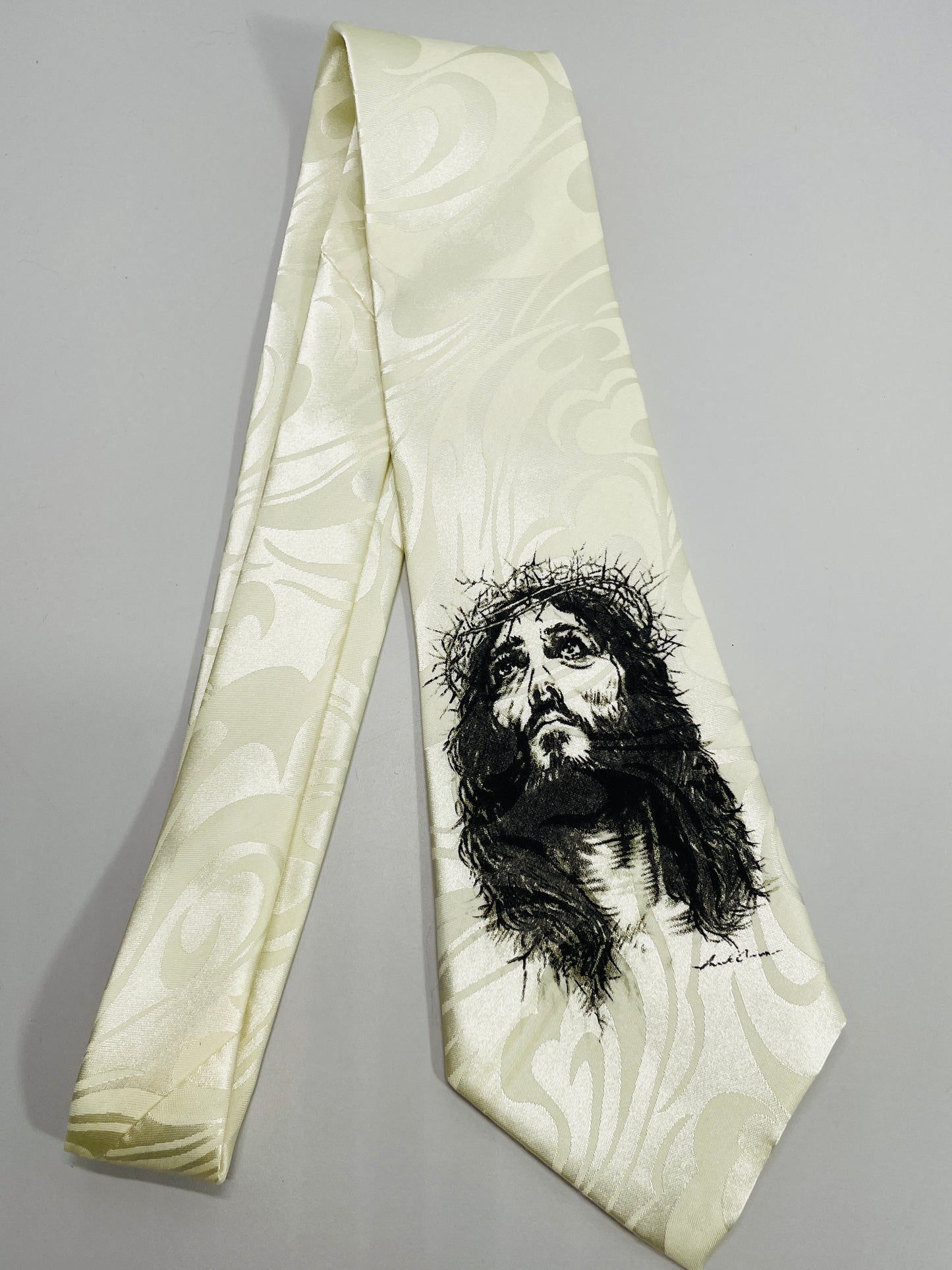 VINTAGE Gospitality Christian Neckwear Necktie White with Sketch Image of Jesus