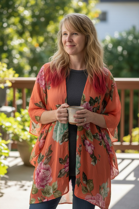 Sheer Orange Floral Open Front Flowy Shawl/Cardigan/Cover Up Ladies ONE SIZE