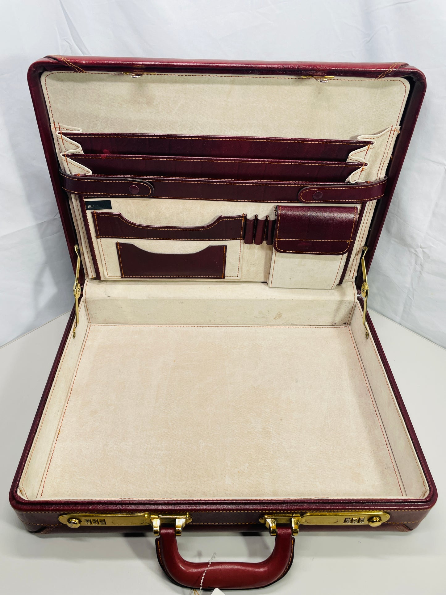 Vintage Hardshell Briefcase Red Leather with thumb Number Locks Left/Right TESTED