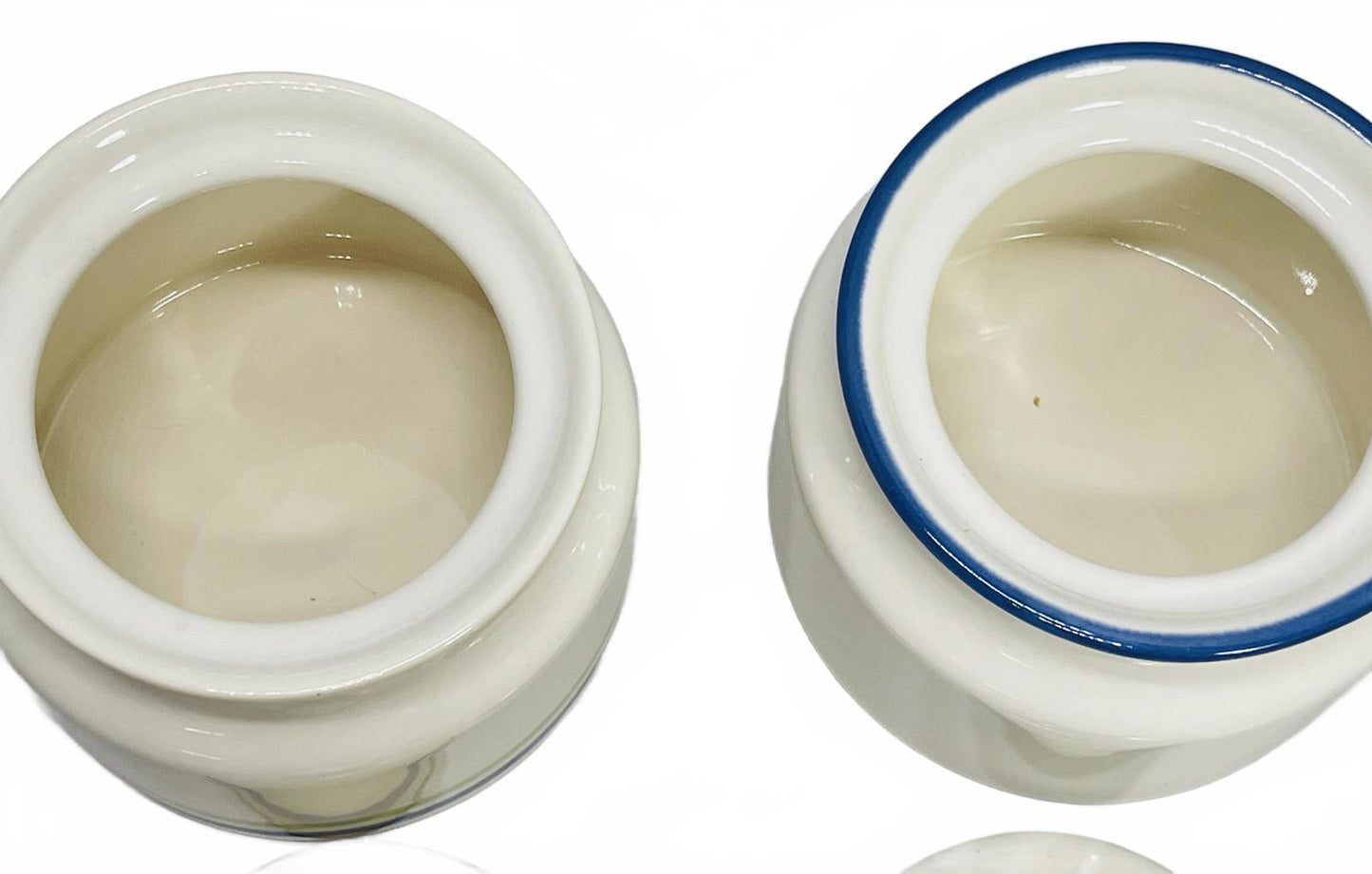 VINTAGE 2 PC Cream/Sugar Bowls Ceramic Beige with Blue Stripes 3" x 4"