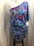 Swim Cover Up Off the Shoulder Dress Blue Colorful Pattern Ladies Large