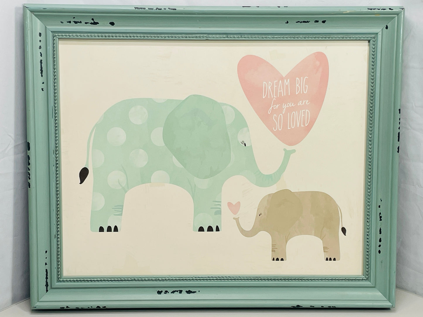 Wall Art Hobby Teal Lobby Wooden Frame with Painted Elephants Mama/Baby 16" x 13"