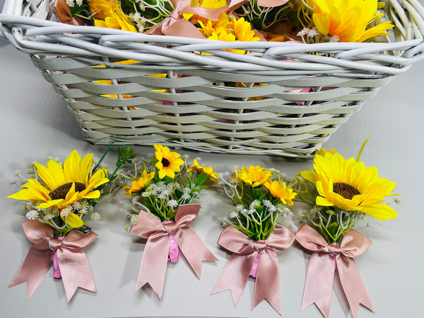 HANDMADE Sunflower Wedding Boutonniere set 113 Ready to Wear with Basket
