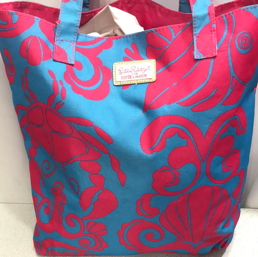 Lilly Pulitzer for Estee Lauder Tropical Crabs Canvas Tote Bag Pink & Blue 16"