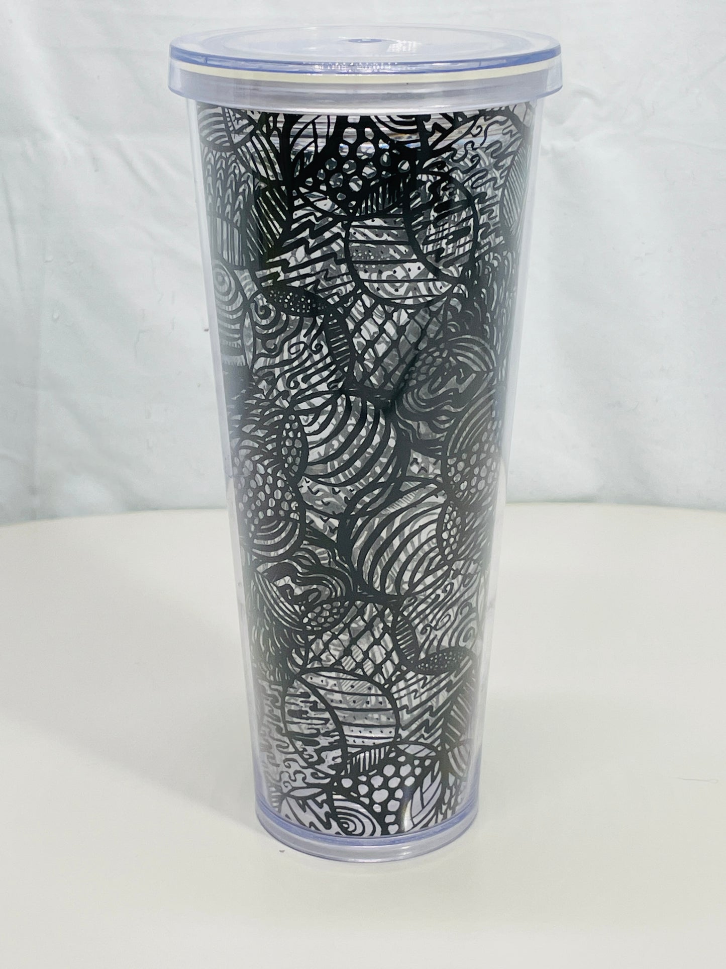 Starbucks 2014 Cold Tumbler Clear Acrylic with Black Circles 24 oz Lt scratching No Straw