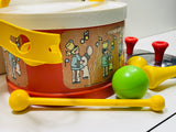 Vintage Toy 1979 Fisher Price Marching Band Kit: Drum (craked on bottom) with Hand Instruments