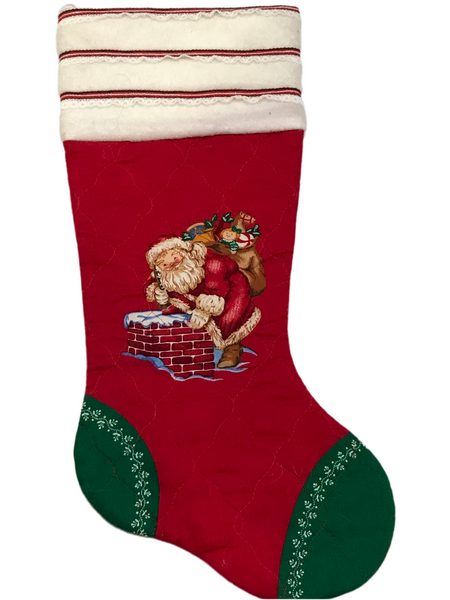 Vintage Handmade Christmas Stocking Red Quilted With Santa Claus