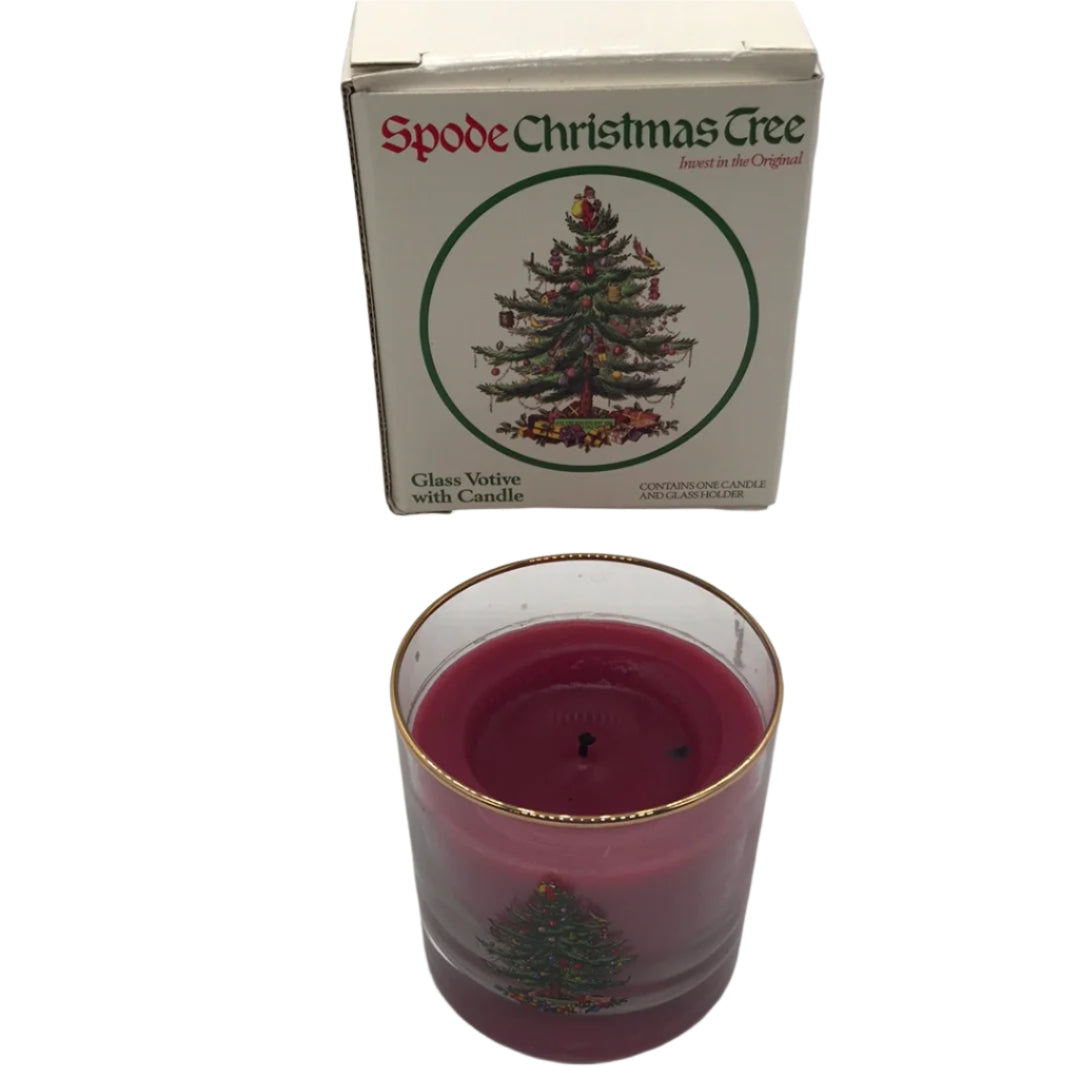 NIB Spode Christmas Tree Glass Votive with Candle Partially Burned