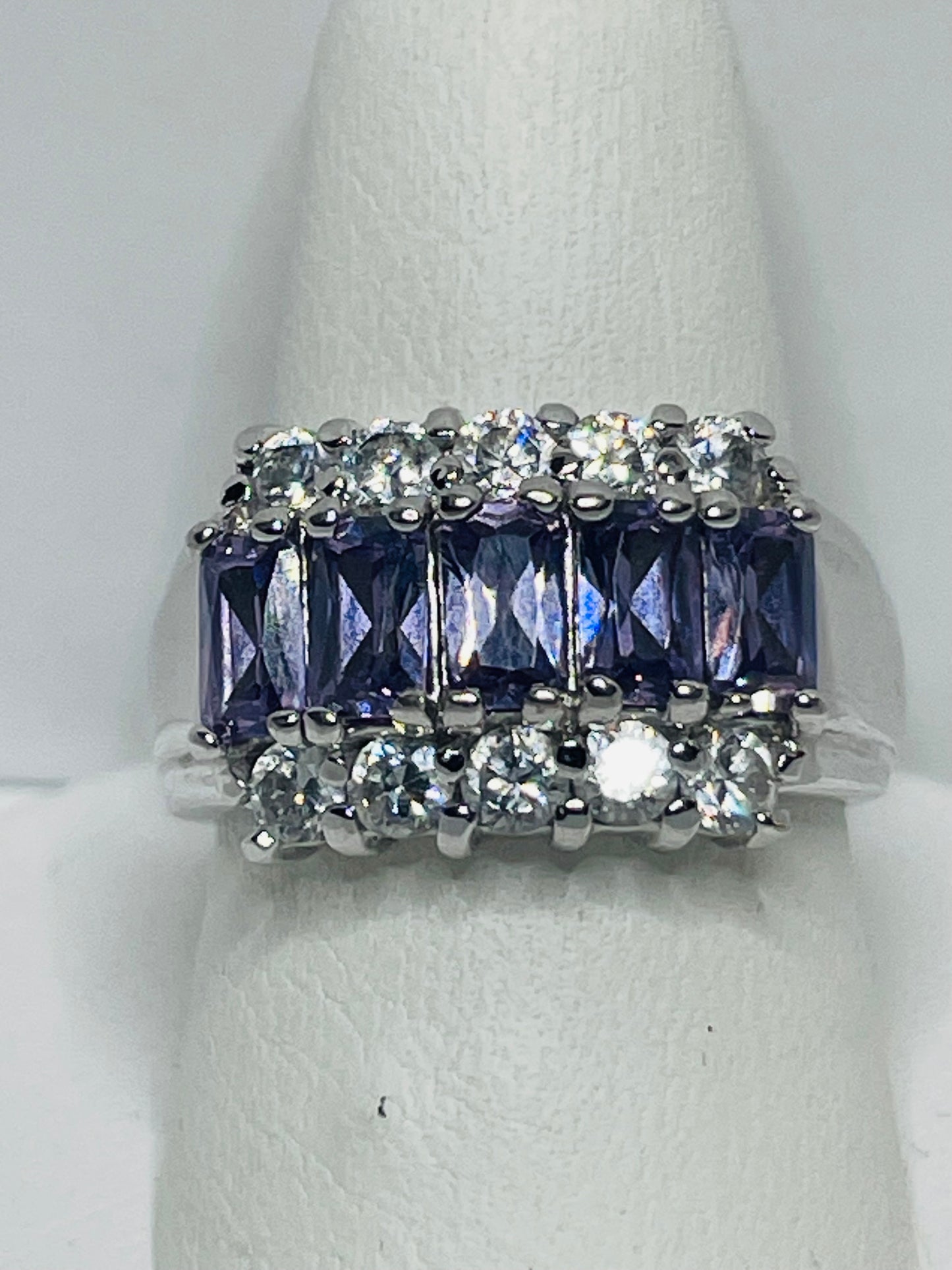Sterling Silver RING 925 With Clear & 5 Amethyst Stones SIZE 6