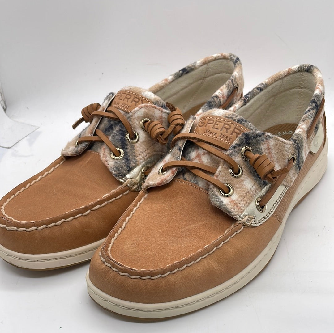 EUC Sperry Boat Top Sider Shoe Leather with Fleece Plaid Accents Ladies 8