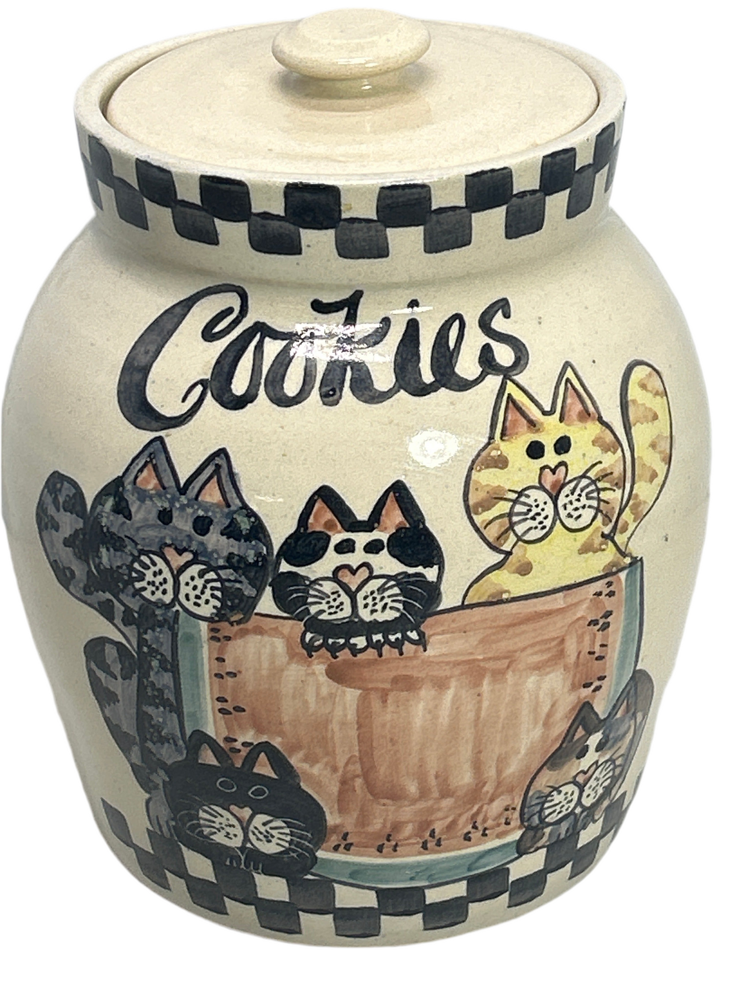 Vintage Large Cookie Pottery Jar with Lid Features 5 Cats  10"