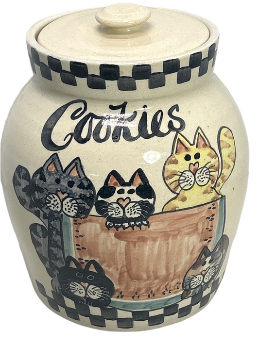 Vintage Large Cookie Pottery Jar with Lid Features 5 Cats  10"