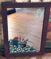 ART Burgundy Wood Framed Mirror with Painted Image of Gardening 24" x 17"