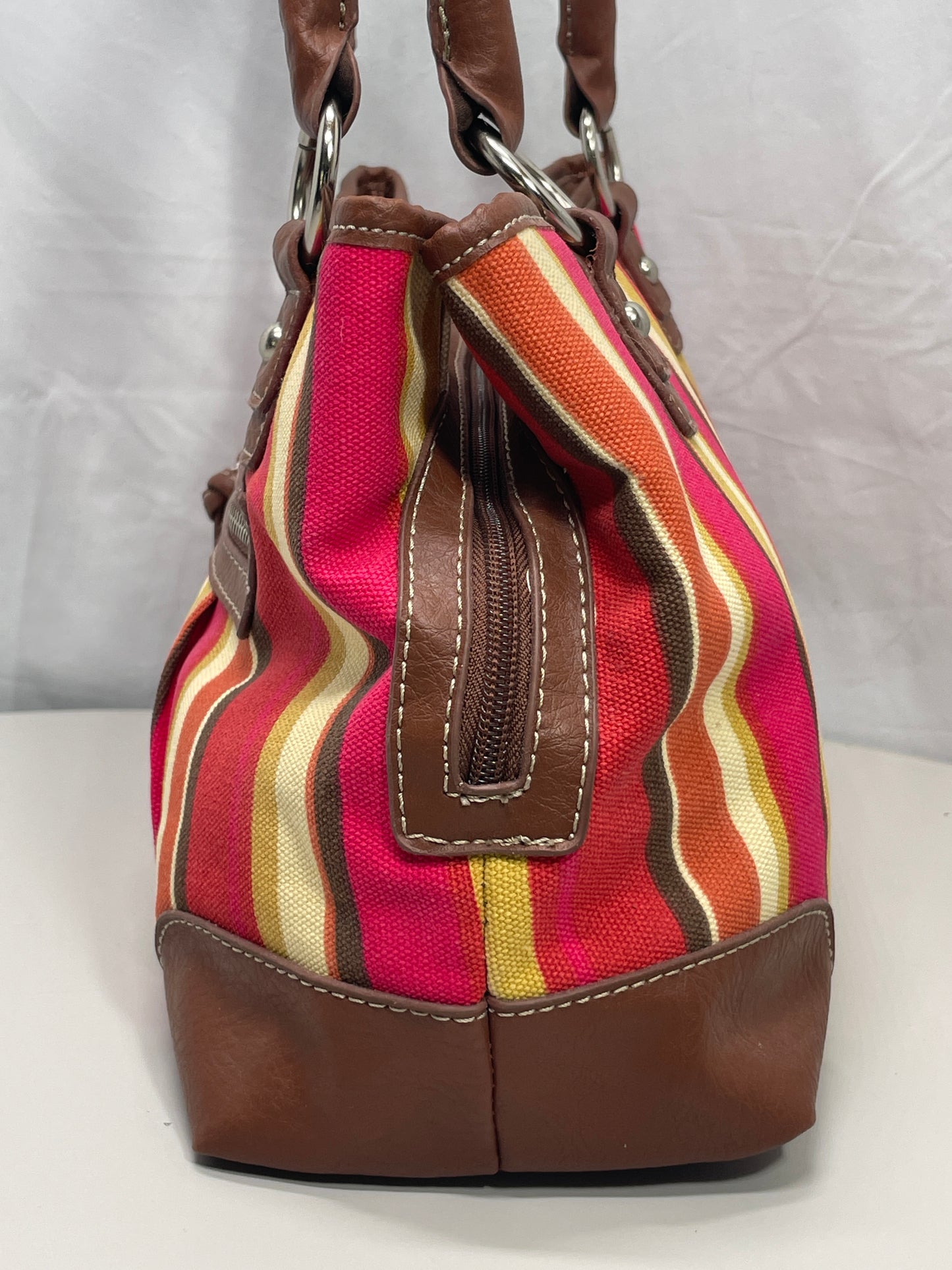 Merona Purse Multi Color Pink Gold Tan Shoulder Straps 3 Large Pockets