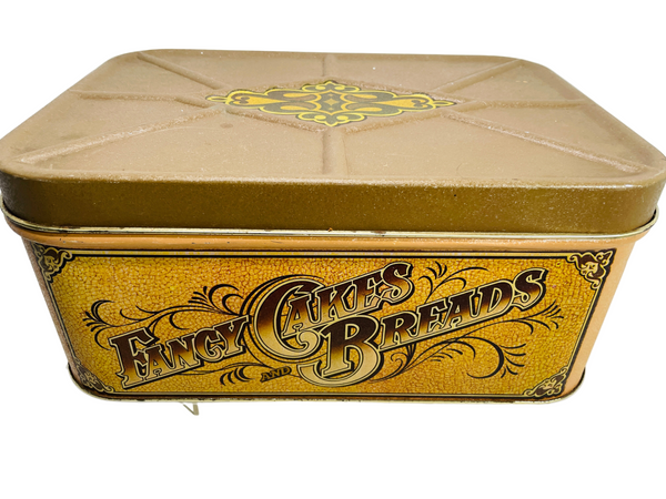 VINTAGE Tin Box FANCY CAKES and BREADS Large Tin Brown Typical Age Rusting