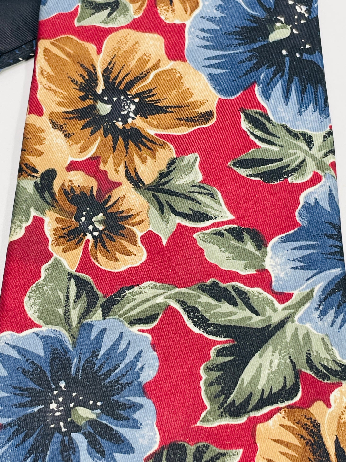 Vintage Oscar de la Renta Neckwear Necktie Hawaiian Floral Blue & Maroon Hibiscus