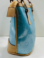 VINTAGE XOXO 100961 Hand Bag Purse Metallic Baby Blue Vinyl Logo Staining On Lining