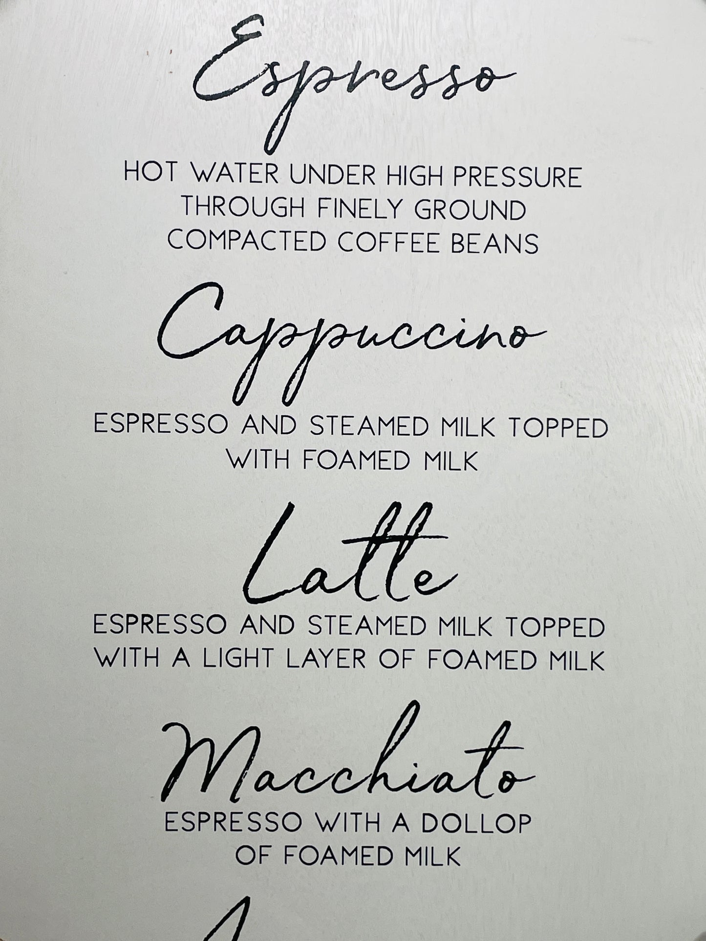 NEW! Wall Art Wooden COFFEE GUIDE Espresso Cappuccino White Wash Wood 16" x 24"