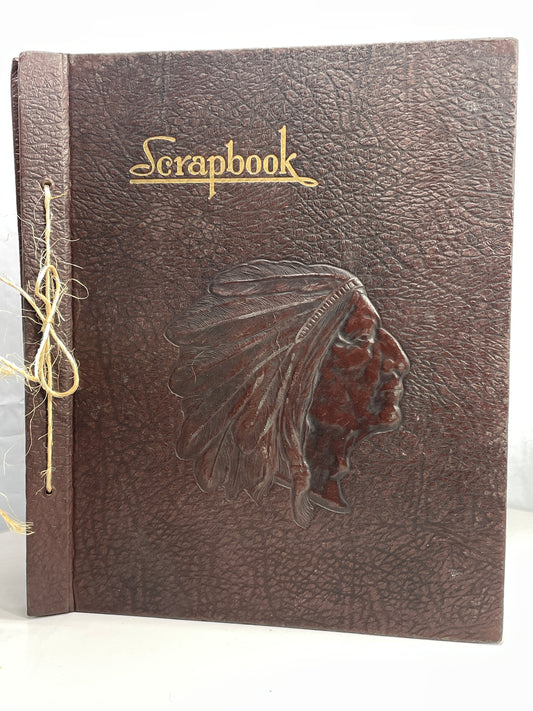 VINTAGE Scrapbook 1950's Hard Leather Bound with Textured Indian Chief Head Embellishment 12x14