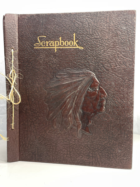 VINTAGE Scrapbook 1950's Hard Leather Bound with Textured Indian Chief Head Embellishment 12x14