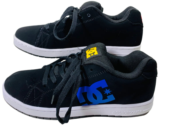 EUC DC Sneakers Shoes Black Velvet Blue & Gold Logo USA 7.0