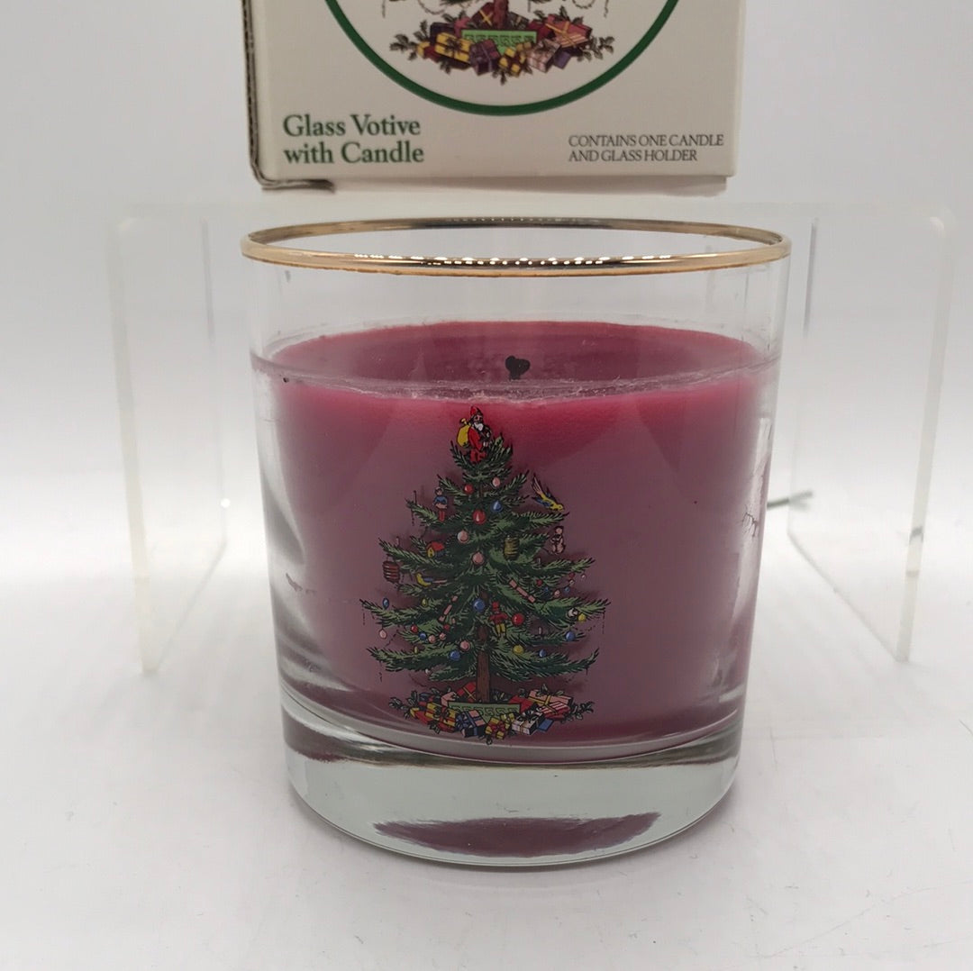 NIB Spode Christmas Tree Glass Votive with Candle Partially Burned
