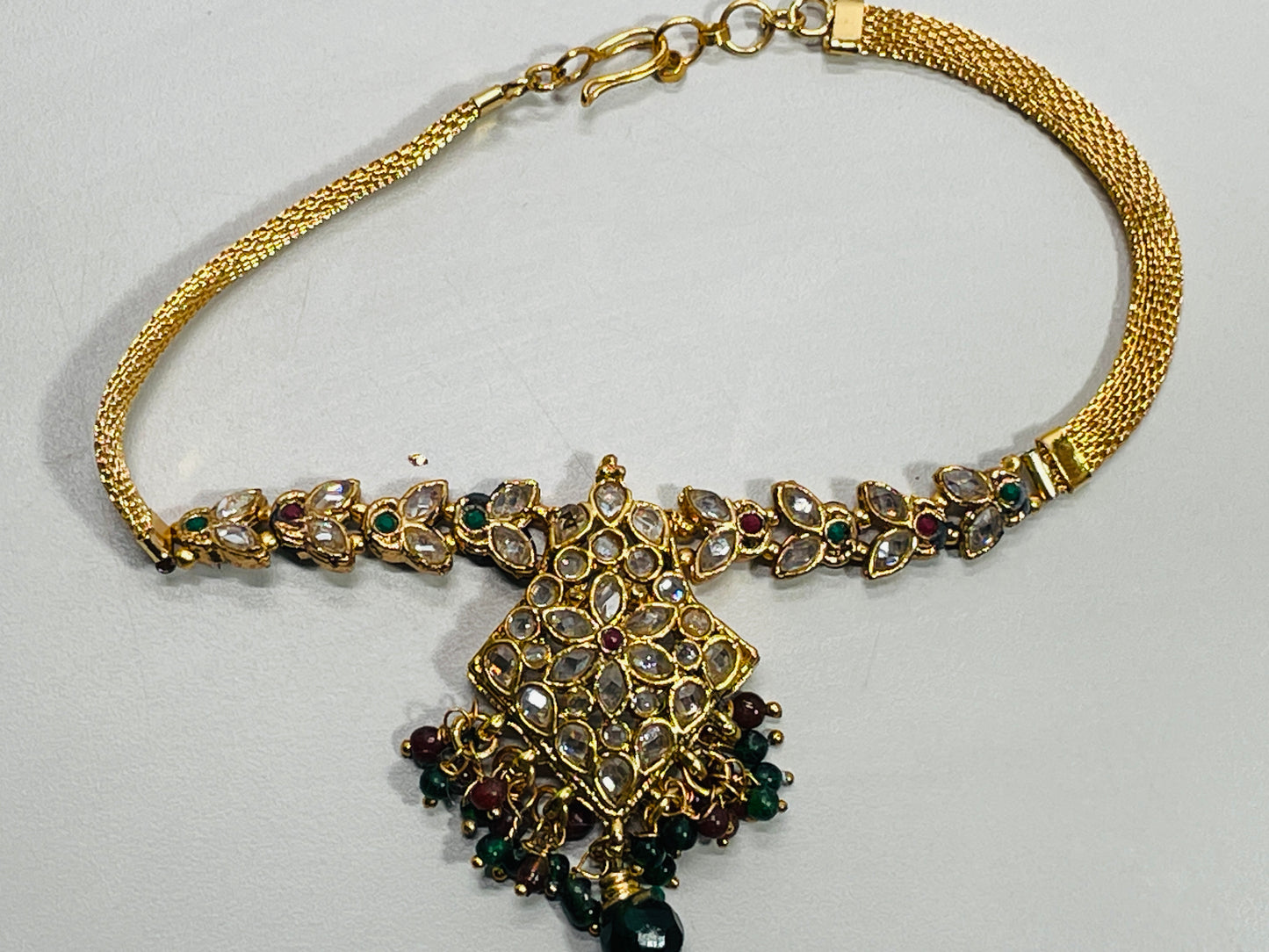 Indian Bollywood Jewelry Upper Arm Bracelet Gold Tone Center Diamond with Green/Purple Danglies 10"