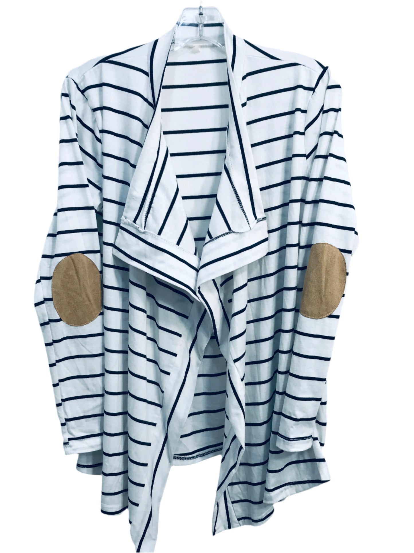 White & Black Striped Cardigan Sweater w/ Khaki Elbow Patches Ladies S