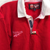 Reebok WRU CYMRU Wales #10 Red Redstone Logo Long Sleeve Polo Rugby Shirt (Color Run on Collar) FRESHLY LAUNDERED Mens L102 cm" / 40"