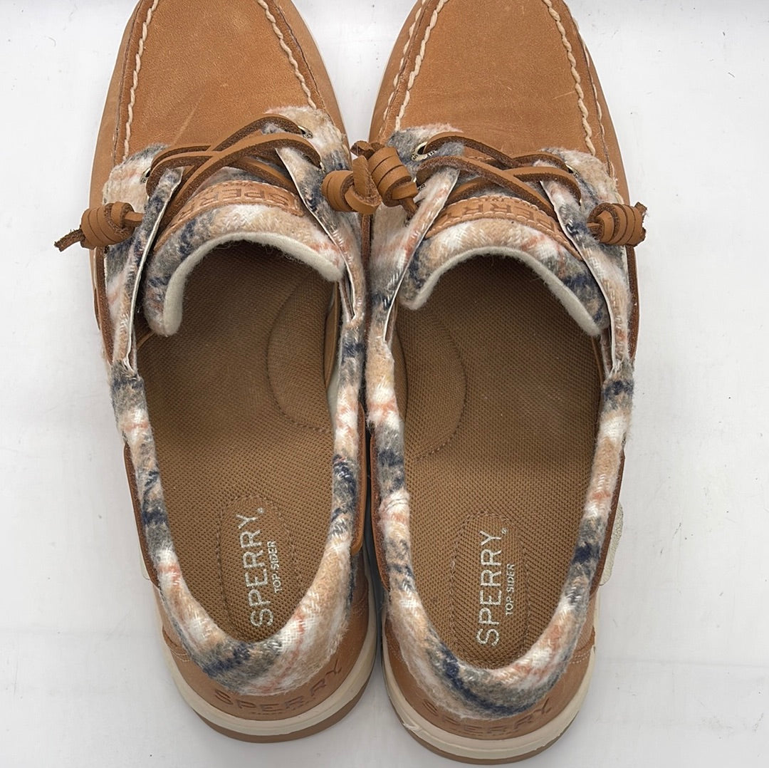 EUC Sperry Boat Top Sider Shoe Leather with Fleece Plaid Accents Ladies 8