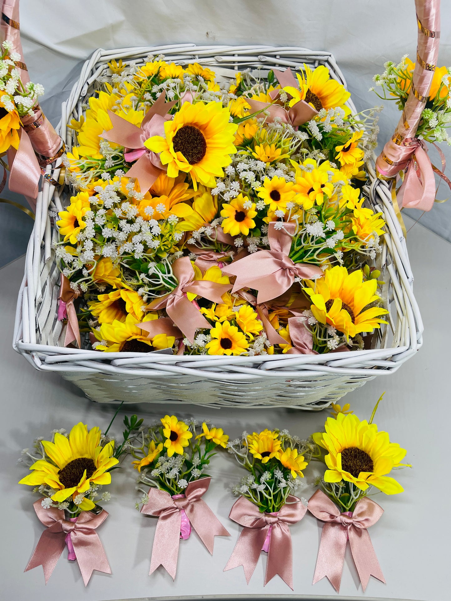 HANDMADE Sunflower Wedding Boutonniere set 113 Ready to Wear with Basket